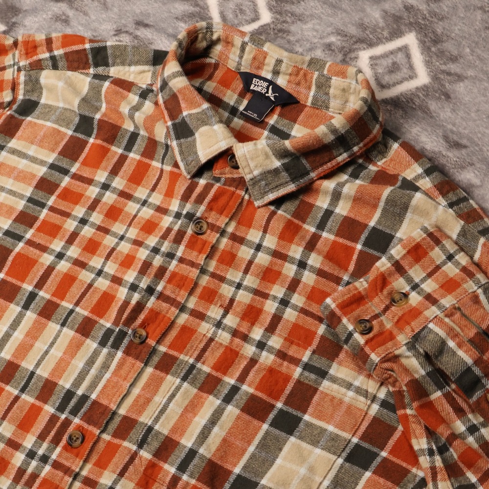 Eddie Bauer Mens XL Orange Plaid Flannel Button Down Shirt Long Sleeve